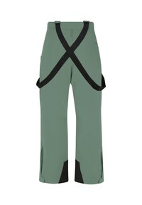 Groene buitenbroeken met verstelbare zwarte banden die een X op de rug vormen, met zwarte accenten bij de boorden en zijzakken.