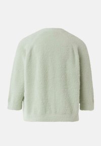 Hellgrüner, flauschiger Pullover mit lockerer Passform, dreiviertellangen Ärmeln und abgerundetem Saum. Weiche Textur ohne sichtbare Muster oder Verzierungen.