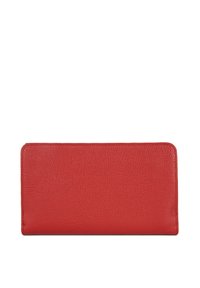 Rood leren portemonnee met een gestructureerde afwerking, met een rechthoekige vorm en scherpe randen, ontworpen voor compacte opslag.