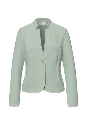 Blazer pour femme vert clair texturé avec manches longues, une fermeture à un seul bouton devant et un col montant.