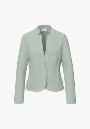 Blazer pour femme vert clair texturé avec manches longues, une fermeture à un seul bouton devant et un col montant.