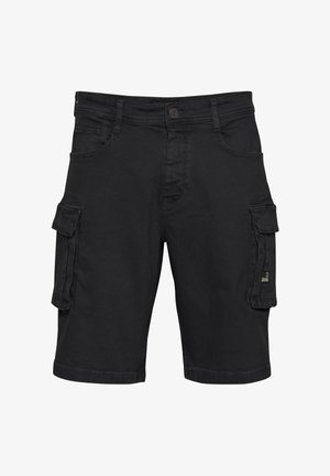Fekete, strapabíró anyagból készült cargo rövidnadrág, több zsebbel, gombos záródással és tiszta vonalakkal a kialakítás során.