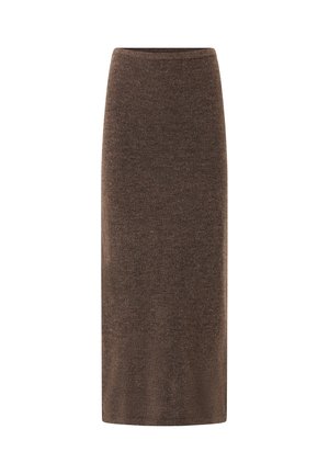 Brauner, gestrickter Midirock mit einer schlanken Silhouette und einem dehnbaren Bund. Weiche Textur mit einem subtilen melierten Muster.