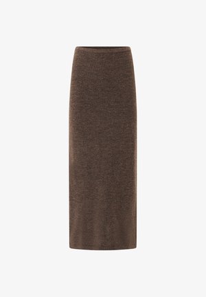 Brauner, gestrickter Midirock mit einer schlanken Silhouette und einem dehnbaren Bund. Weiche Textur mit einem subtilen melierten Muster.