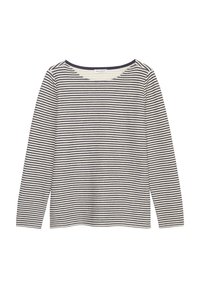 Long-sleeve, striped top in cream and navy. Boat neckline, soft cotton fabric, straight fit, and contrasting color around the neckline.