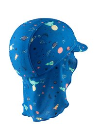 Blue sun hat made of soft fabric featuring a space-themed pattern with rockets, planets, and stars. Includes a curved brim and neck cover.
