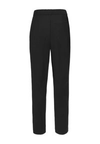 Fekete nadrág rugalmas derékkal, egyenes lábbal és hátsó zsebbel. Simára szőtt anyagból készült, látható minták nélkül.