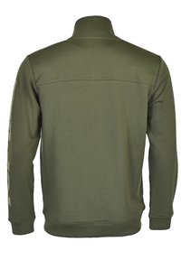 Oliwkowa bluza z wysokim kołnierzem, długimi rękawami i gładką fakturą. Posiada poziomą szew na górnej części pleców.