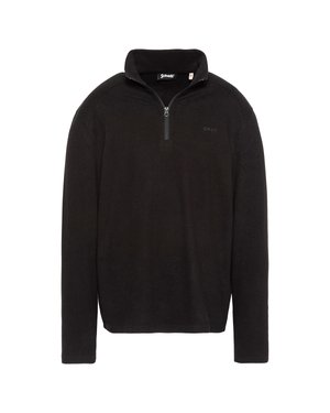 Sudadera polar negra de manga larga con cremallera de cuarto y cuello alto, con un pequeño logo "Schott" en el pecho izquierdo.