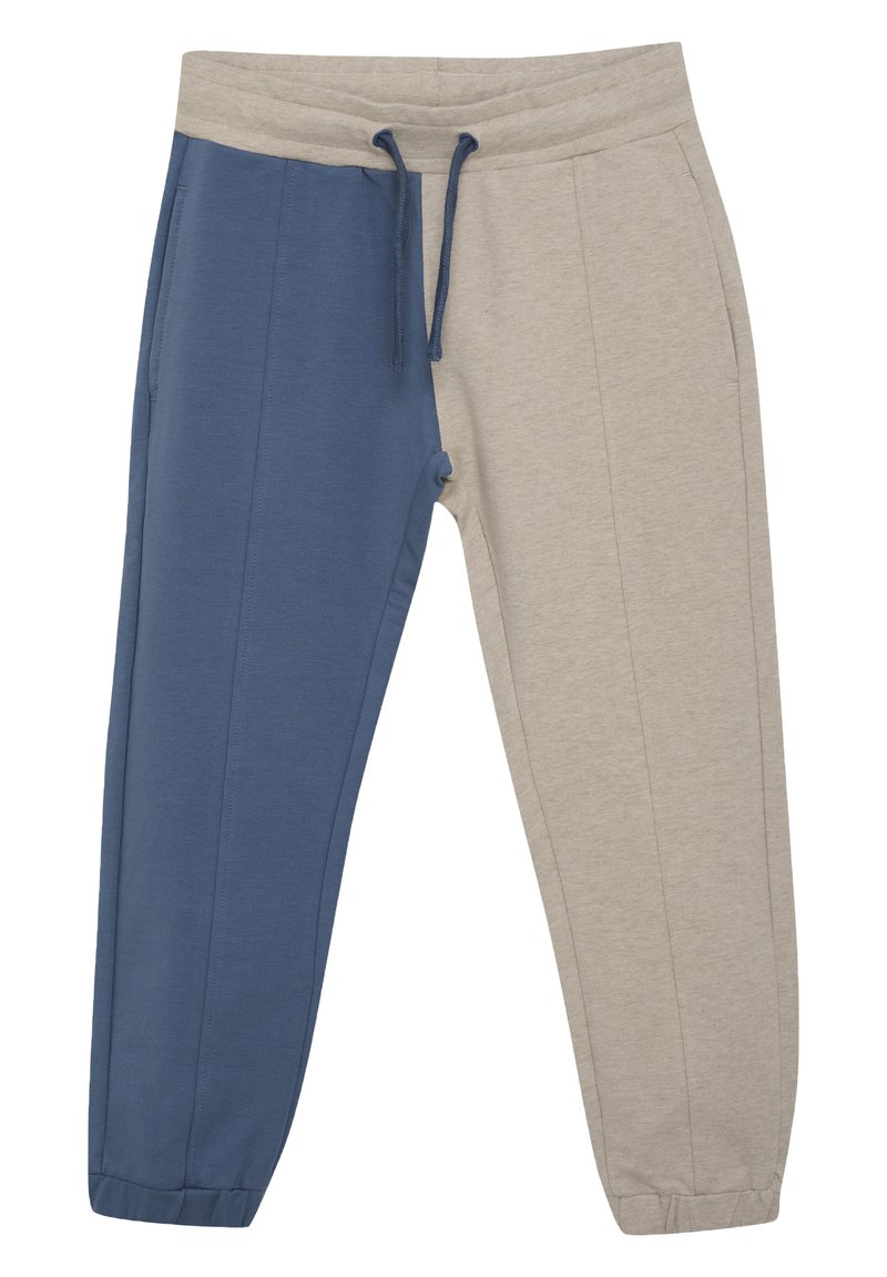 Graue und blaue Fleece-Jogginghosen mit elastischem Taillenbund, Kordelzug, Taschen und schmal zulaufenden Beinen; verfügen über ein Farbabstimmung mit kontrastierenden Farbblockdesign.