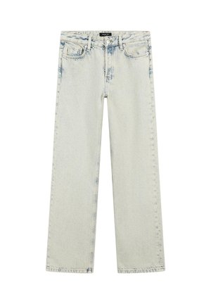 Jeans in denim azzurro chiaro con design a gamba dritta, alta vita e leggera scoloritura. Presentano uno stile classico a cinque tasche e chiusura con bottone in metallo.