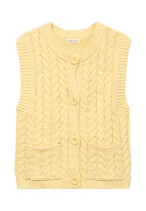 Cardigan giallo lavorato a maglia senza maniche con motivi a trecce, bottoni frontali, due tasche e scollo rotondo.
