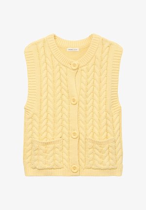 Cardigan giallo lavorato a maglia senza maniche con motivi a trecce, bottoni frontali, due tasche e scollo rotondo.