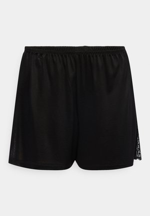 Shorts noirs amples pour femmes avec ceinture élastique et bordure en dentelle visible sur les côtés, présentés sur un fond clair uni.