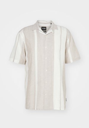 Short-sleeve linen shirt in light beige with vertical off-white stripes, featuring a buttoned front and a classic collar design.