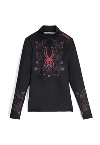 Maglietta nera a maniche lunghe con collo a metà zip, caratterizzata da una vivace grafica di ragno e motivi floreali con accenti rossi, viola e verdi.