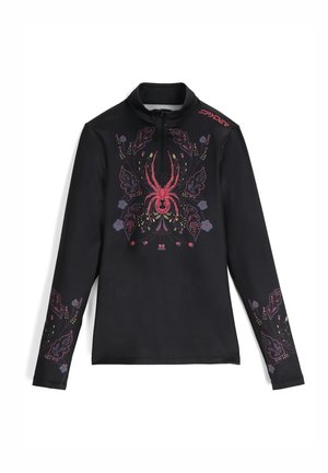 Maglietta nera a maniche lunghe con collo a metà zip, caratterizzata da una vivace grafica di ragno e motivi floreali con accenti rossi, viola e verdi.