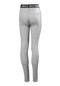 Szare legginsy o dopasowanym kroju, wykonane z miękkiego materiału. Posiadają czarny pas z logo "HELly HANSEN" oraz kontrastowe paski po bokach.