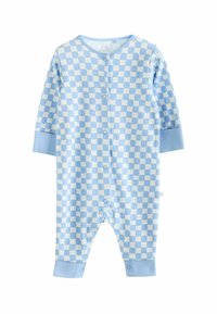 Ljusblå rutigt babybody i mjukt tyg, med långa ärmar, knappar framtill och manschetter vid anklar och handleder.