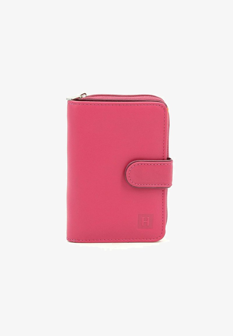 Pink leather wallet with a zip closure, button strap, and embossed logo on the lower right. Smooth texture and rectangular shape.