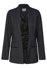 Zwarte pinstriped blazer met een sjalkraag, twee voorzakken en een gladde zwarte binnenvoering met subtiele stippen.