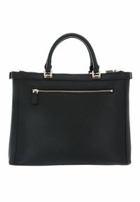 Borsa a mano in pelle nera con un design strutturato, doppi manici, tasca frontale con zip e una superficie liscia con dettagli in metallo dorato.