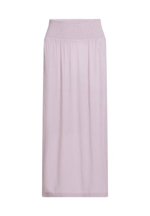 Jupe longue violet clair avec une taille élastique froncée, confectionnée dans un tissu fluide et texturé qui tombe doucement jusqu'aux chevilles.