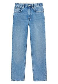 Jean denim bleu clair coupe droite avec passants de ceinture, fermeture à bouton et zip devant, et poches avant sur fond blanc.
