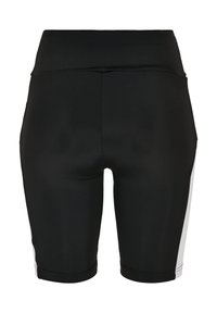 Mustat pyöräilyshortsit joustavasta kankaasta, joissa on korkeavyötärö ja valkoiset sivu koristeet. Sileä pinta ja vartalonmyötäinen malli.