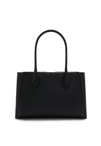 Schwarze Leder-Tote-Bag mit strukturiertem Finish, ausgestattet mit zwei runden Griffen und einer klaren rechteckigen Form. Keine sichtbaren Beschläge oder Akzente.