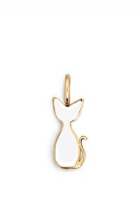 Pendentif en forme de chat en ton doré avec une finition en émail blanc lisse. Il présente un design élégant, une queue accentuée et des oreilles arrondies.