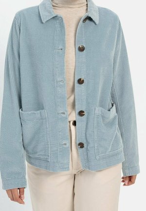 Lyseblå kordfløjlsjakke med store knapper og forlommer, båret over en beige rullekrave og lyse bukser.