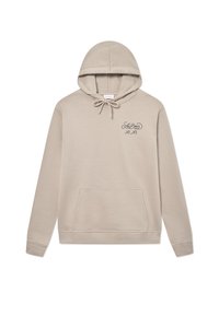 Sudadera con capucha beige, con cordones, bolsillo frontal y diseño de logo bordado que dice "Les Deux NY, NY". Tejido suave con un corte casual.