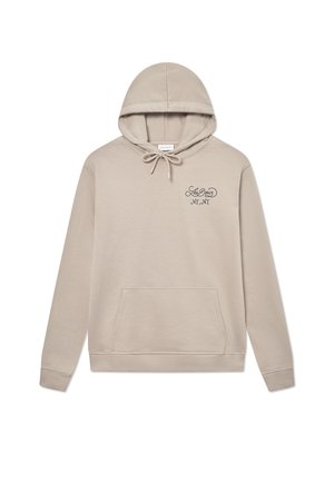Felpa cappuccio beige con lacci, tasca frontale e design del logo ricamato che recita "Les Deux NY, NY." Tessuto morbido con una vestibilità casual.