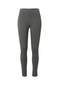 Grijze legging met verticale witte streepjes; rekbare stof, hoge tailleband, aansluitende pasvorm, geen zichtbare hardware of accenten.