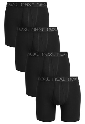 Schwarze Boxershorts aus weichem Material, mit einem elastischen Bund mit Logo und einer taillierten Passform mit Nähten für die Form. Vier Stücke präsentiert.