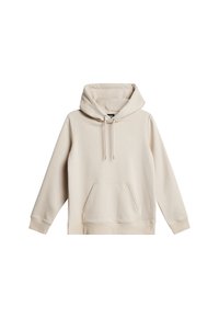 Felpa beige in morbido misto cotone, con cappuccio regolabile, tasca a marsupio frontale e polsini e orlo a coste. Design semplice senza motivi.