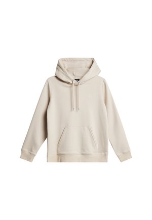 Beige hoodie van een zachte katoenmix, met een trekkoord in de capuchon, een voorste kangoeroezak en ribgebreide manchetten en onderrand. Eenvoudig ontwerp zonder patronen.