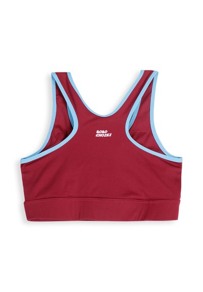 Brassière de sport bordeaux avec bordure bleu clair et dos nageur, arborant un petit logo blanc "BOBO CHOSES" au centre devant.