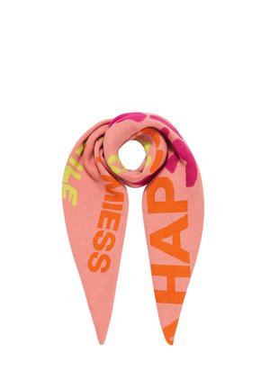 Pink scarf with bright orange, yellow, and magenta large text reading "HAPPINESS" and partial words, folded in a loop against a white background.