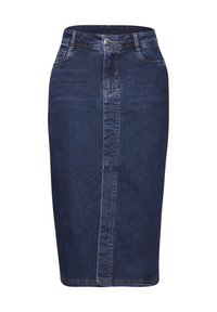 Jeanskjol i mörkblått med en framseam, knappstängning och två sidfickor. Slät textur med kontrasterande sömmar.