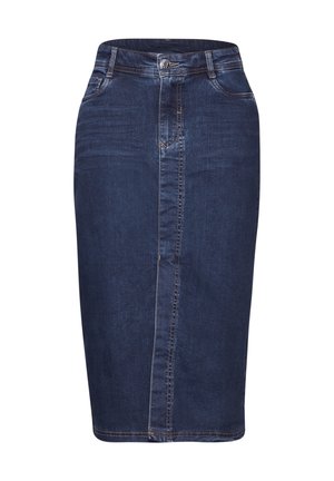 Jupe en jean taille crayon bleu foncé avec une couture avant, fermeture à boutons et deux poches latérales. Texture lisse avec des coutures contrastées.