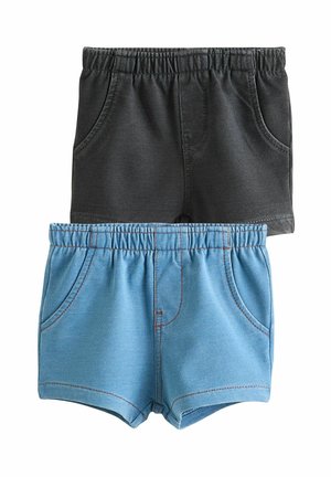 Black and blue denim shorts with elastic waistbands, two front pockets, and contrasting stitching details.