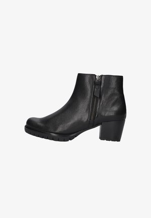 Black leather ankle boots with a smooth finish, side zipper, and a chunky, textured heel for stability. Round toe design.