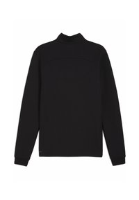 Camisa negra de cuello alto de manga larga con una costura en la parte superior de la espalda y puños acanalados, vista desde la parte posterior.