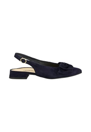 Navy blue suede slingback flat with a small heel and a decorative bow on the closed pointed toe.