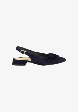 Navy blue suede slingback flat with a small heel and a decorative bow on the closed pointed toe.