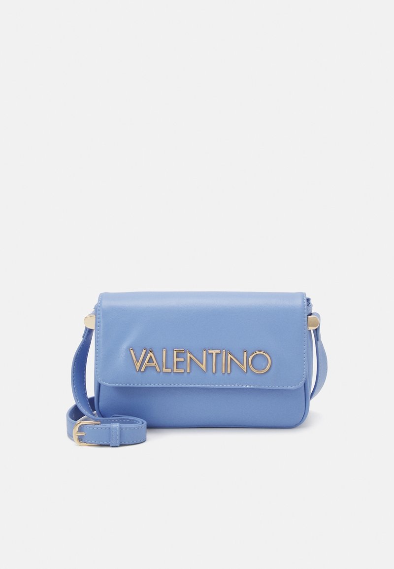 Light blue leather handbag with a rectangular shape, featuring a gold "VALENTINO" logo and a detachable shoulder strap.
