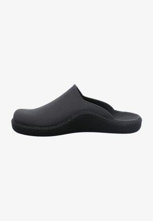 Gray fabric slip-on clog with a textured upper, black rubber sole, and woven detailing along the edge. Lightly contoured shape for comfort.