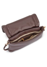 Brown leather handbag with a soft texture, featuring a zippered closure, an interior pocket, and gold-tone hardware accents.